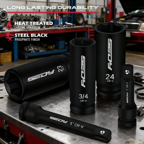 Heavy Duty 29-Piece 1/2 Inch Drive Impact Socket Set With SAE 3/8 To 1 Inch And Metric 10-24mm, CR-V Material, tools on table.