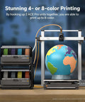 3D printer setup with ACE Pro Multi Color Filament Dryer Box For Kobra 3 Max, globe model showing 4-8 color Print capability