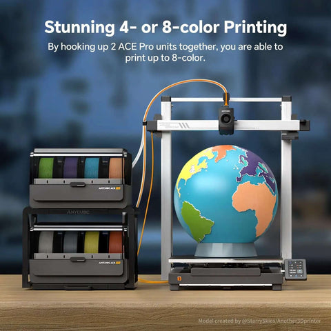 3D printer setup with ACE Pro Multi Color Filament Dryer Box For Kobra 3 Max, globe model showing 4-8 color Print capability