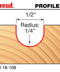 Diagram showing Pro Grade Quarter Inch Radius Round Nose Wood Router Bit For Cabinets with 1/4 inch radius profile