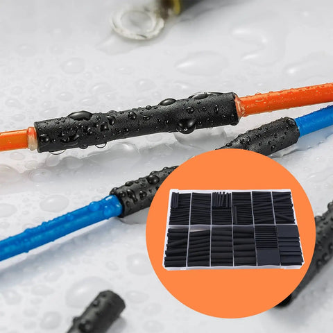 Awesome 800 Pc Heat Shrink Tubing Kit With Super Fast 3:1 Ratios Adhesive Lined Marine Grade Wraps That Seal Tight For Any Industrial Jobsite Or DIY Electrical Fixins Without Getting Burned, black tubing on orange and blue wires