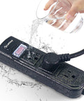 Outdoor Weatherproof Power Strip With 3 Outlets and Flat Plug 6.5 Ft Extension Cord Built for the Outdoors shown with water test