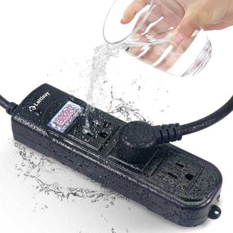 Outdoor Weatherproof Power Strip With 3 Outlets and Flat Plug 6.5 Ft Extension Cord Built for the Outdoors shown with water test