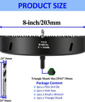 Front view of Rannb 8-inch bi-metal hole saw kit; includes pilot drill bits, L-wrench, triangle shank.
