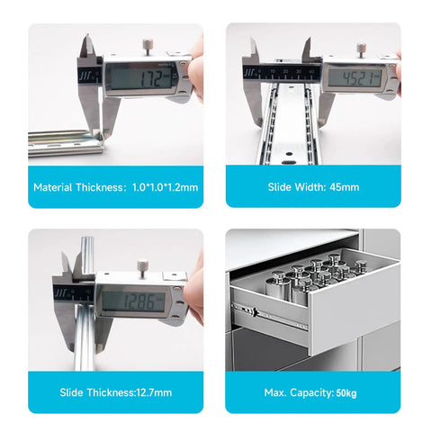 Measurement details of Soft Close Drawer Slides 22 Inch Full Extension Side Mount 100 LB Capacity Ball Bearing Rails Includes 10 Pairs Screws.