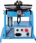 Heavy Duty Rotary Welding Positioner With Sturdy Three Jaw Chuck And Smooth Zero To Ninety Degree Tilt For No Sweat Seam Welding Runs, blue metal construction, detailed control panel.