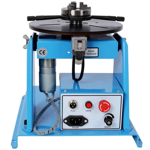 Heavy Duty Rotary Welding Positioner With Sturdy Three Jaw Chuck And Smooth Zero To Ninety Degree Tilt For No Sweat Seam Welding Runs, blue metal construction, detailed control panel.