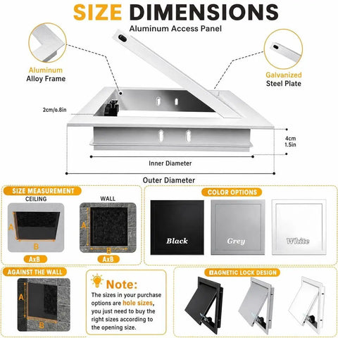 Heavy Duty Push To Open Aluminum Access Panel For Drywall Ceilings And Walls Solid Build with dimensions and color options shown.