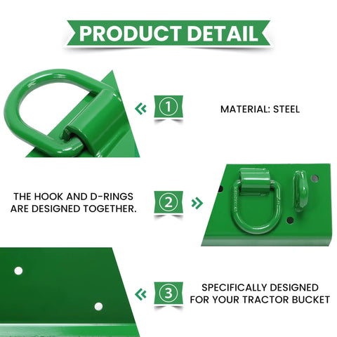 Close-up of green steel hook and D-rings, illustrating the Tractor Grab Hooks 4.96 Inch Wide By 21.93 Inch Long Bolt On For John Deere Tractors