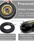 Badass Heavy Duty Pneumatic Caster Wheels With Swivel Brakes, Smooth Rollin Shock Absorbing Rubber Casters For Flatbed Carts And Workbenches, Rock Solid 4 Pack Set close-up of rubber caster wheel with inflation port and steel rim.