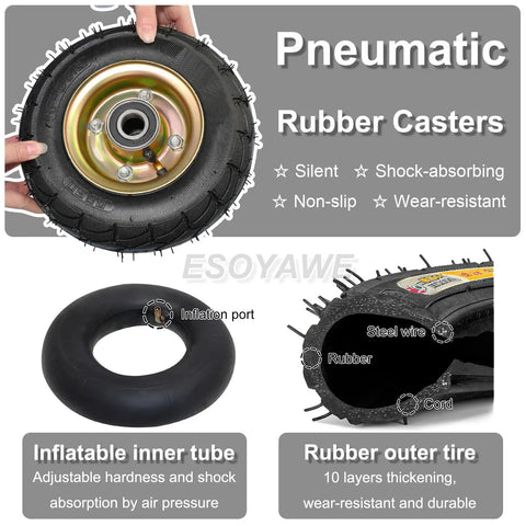 Badass Heavy Duty Pneumatic Caster Wheels With Swivel Brakes, Smooth Rollin Shock Absorbing Rubber Casters For Flatbed Carts And Workbenches, Rock Solid 4 Pack Set close-up of rubber caster wheel with inflation port and steel rim.