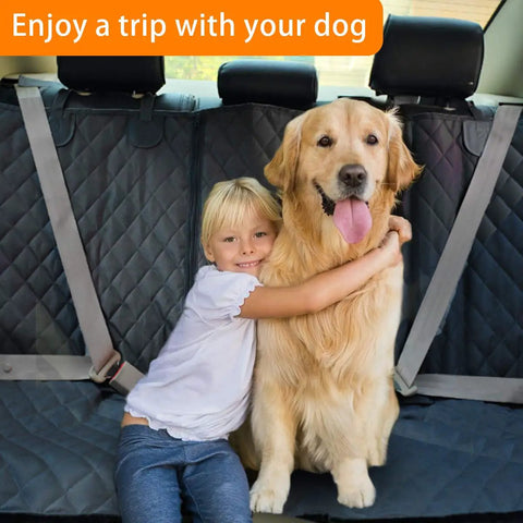 Child and golden retriever on Waterproof Dog Car Seat Cover With Side Flap For Cars Trucks And SUVs Backseat Protector Nonslip