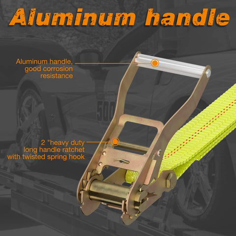 Heavy Duty Car Tie Down Straps With Flat Hooks 10000 Lb Break Strength 4 Pack Tire Ratchet Straps aluminum handle close-up