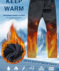 Men's Ski Waterproof Insulated Softshell Snow Pants With Fleece Lining And Zipper Pockets For Snowboarding And Outdoor Winter Activities Dark Gray 42W By 32L with fleece lining and flames design in a snowy mountain background.