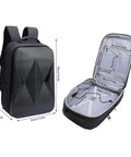 Ultra Compact Satellite Travel Backpack With USB Charging Port, Water Resistant, open view of molded compartments and dimensions
