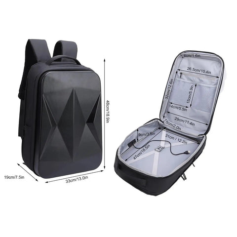 Ultra Compact Satellite Travel Backpack With USB Charging Port, Water Resistant, open view of molded compartments and dimensions