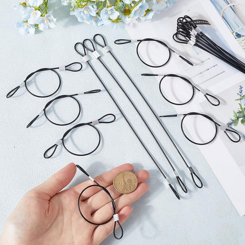 20 Pack 9 Inch Stainless Steel Wire Rope Lanyards With Rubber Coated Braided Cable Locks 5mm Thick Tether Safety Straps displayed on table