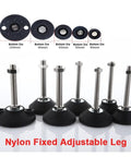 Rock Solid Adjustable Leveling Feet With Swivel Base And Smooth Glide Pads Heavy Duty Stainless Steel Articulating Screw Legs M8 Thru M24 For Machinery And Furniture set with various sizes and nylon bases.