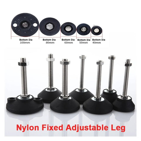 Rock Solid Adjustable Leveling Feet With Swivel Base And Smooth Glide Pads Heavy Duty Stainless Steel Articulating Screw Legs M8 Thru M24 For Machinery And Furniture set with various sizes and nylon bases.