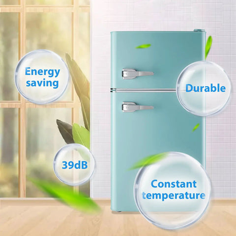 Hella Spacious 3.5 Cubic Feet Retro Mini Fridge With Handle Compact Refrigerator Reliable Cooler Storage Bin For College Dorm Home Office Bedroom Counter Top Blue showcasing energy-saving and durable features.
