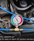 Pro Grade AC Charge Hose With Gauge For R134A Car HVAC Refrigerant Recharge Kit in use showing gauge reading and connection details