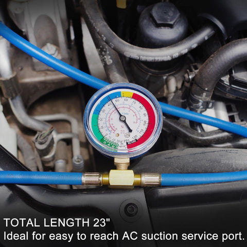 Pro Grade AC Charge Hose With Gauge For R134A Car HVAC Refrigerant Recharge Kit in use showing gauge reading and connection details