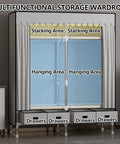 Heavy Duty Canvas Wardrobe Stack With Metal Hanging Rail And Deep Shelves, Nifty Freestanding Fabric Closet For Bedrooms with drawers and hanging areas.