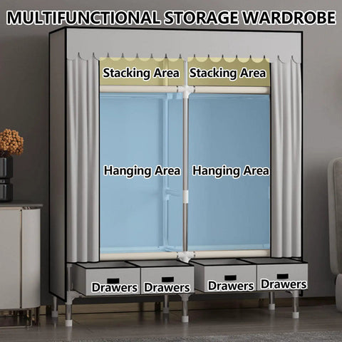 Heavy Duty Canvas Wardrobe Stack With Metal Hanging Rail And Deep Shelves, Nifty Freestanding Fabric Closet For Bedrooms with drawers and hanging areas.