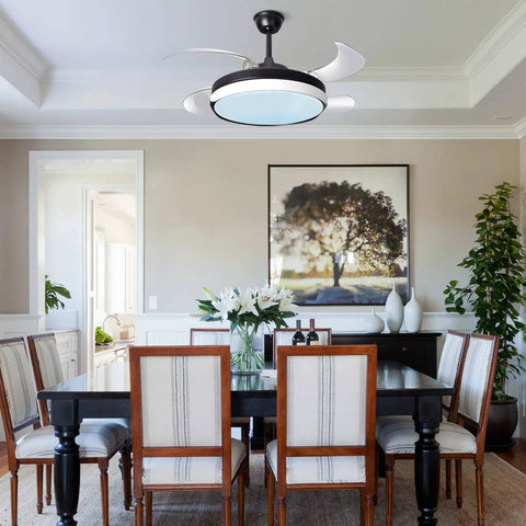 42 Inch Retractable Bladeless Ceiling Fan with Light and Bluetooth Speaker in dining room setting