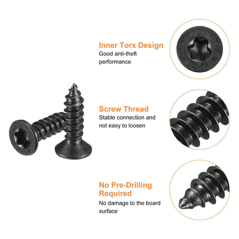 Rugged 6 By Half Inch Flat Head Torx Screws 50 Pack Black Coated 304 Stainless Steel Self Tapping Star Bolts with inner torx design.