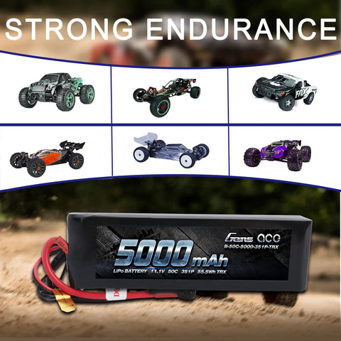 5000mAh 11.1V 3S 50C LiPo Battery Pack with XT60 and T Plug for RC cars shown with various models