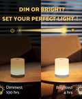Touch Night Light For Nursery And Bedroom Cordless Battery Powered Dimmable Lamp showing dimmest and brightest settings on table