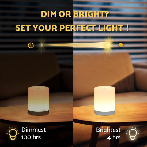 Touch Night Light For Nursery And Bedroom Cordless Battery Powered Dimmable Lamp showing dimmest and brightest settings on table
