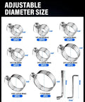 202 Piece Stainless Steel Hose Clamp Assortment Kit With 8 Sizes From 1 4 Inch To 2 Inch Adjustable Worm Gear Clamps For Fuel Lines Radiators And Water Pipes In Automotive And Plumbing Projects Plus Wrench, assorted sizes shown