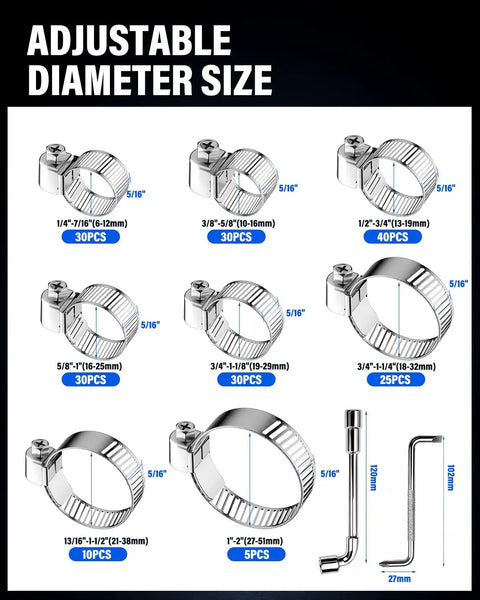 202 Piece Stainless Steel Hose Clamp Assortment Kit With 8 Sizes From 1 4 Inch To 2 Inch Adjustable Worm Gear Clamps For Fuel Lines Radiators And Water Pipes In Automotive And Plumbing Projects Plus Wrench, assorted sizes shown