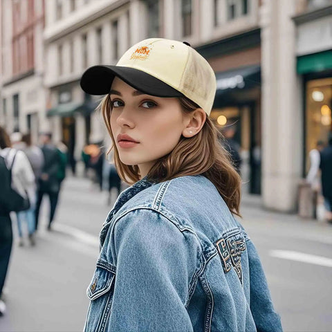 Woman wearing the Proud Mom Of 2026 Grad Hat For Women And Men Dope Unisex Adjustable Trucker Cap on a city street.