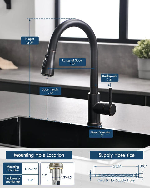 GIMILI Touchless Kitchen Faucet with Pull Down Sprayer, black finish, 14.5 inch height, 2 inch base diameter, modern design.