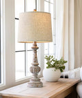 Classic 24.5 Inch Table Lamp Set Of 2 For Living Room And Bedroom With Linen Fabric Shade And Resin Base, Cozy Rustic Nightstand Lamps For Study Office And Hallway on a wooden table by a window
