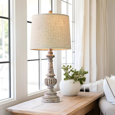Classic 24.5 Inch Table Lamp Set Of 2 For Living Room And Bedroom With Linen Fabric Shade And Resin Base, Cozy Rustic Nightstand Lamps For Study Office And Hallway on a wooden table by a window