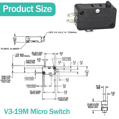 V319M Snap Action Switch dimensions with plastic plunger, highlighting size and specifications for reliable control in projects.
