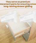 Smooth Sailing Kitchen Drawer Rail Bracket Replacement Set With Heavy Duty Nylon Side Track Brackets And Rear Backplate To Cure Janky Stuck Cabinet Slides In Crisp White Plastic, showing two white nylon drawer slide brackets.