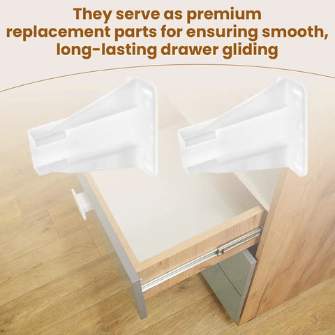 Smooth Sailing Kitchen Drawer Rail Bracket Replacement Set With Heavy Duty Nylon Side Track Brackets And Rear Backplate To Cure Janky Stuck Cabinet Slides In Crisp White Plastic, showing two white nylon drawer slide brackets.