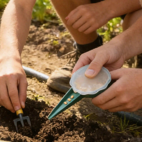 Person using Handheld Seed Planter and Spreader for Lawn and Garden, Adjustable Five Setting Seeder Tool in outdoor soil.
