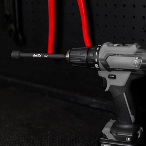Impact Nut Driver Set Eight-Piece Metric Magnetic Bits With 6 Inch Long Shanks attached to power drill in workshop