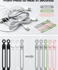 Heavy Duty Reusable Silicone Cable Ties Sort Your Wire Mess Like A Boss Handle Data Cables Zero Sweat Always Keep Your Workspace Crisp With This Flexible Tear Proof 20 Pack Organizer Kit display of multi-colored silicone cable ties next to tangled wires.