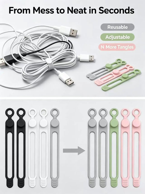 Heavy Duty Reusable Silicone Cable Ties Sort Your Wire Mess Like A Boss Handle Data Cables Zero Sweat Always Keep Your Workspace Crisp With This Flexible Tear Proof 20 Pack Organizer Kit display of multi-colored silicone cable ties next to tangled wires.