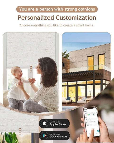 Premium Plug And Play Smart Motorized Blinds With Slick Remote App And Alexa Google Voice Control Total Blackout Rollers Heavy Duty Shades shown in cozy living room with mother and child.