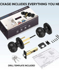 Package contents of Matte Black Round Door Knob Set With Deadbolt For Indoor Doors, 5 Pack, showing components and box