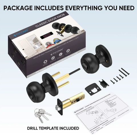 Package contents of Matte Black Round Door Knob Set With Deadbolt For Indoor Doors, 5 Pack, showing components and box