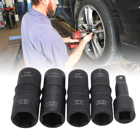 Mechanic using Dual Head Lug Nut Socket Set in CrMo Steel Thin Wall Wheel Nut Sockets Five Piece Automotive Tool Kit for Tire Replacement